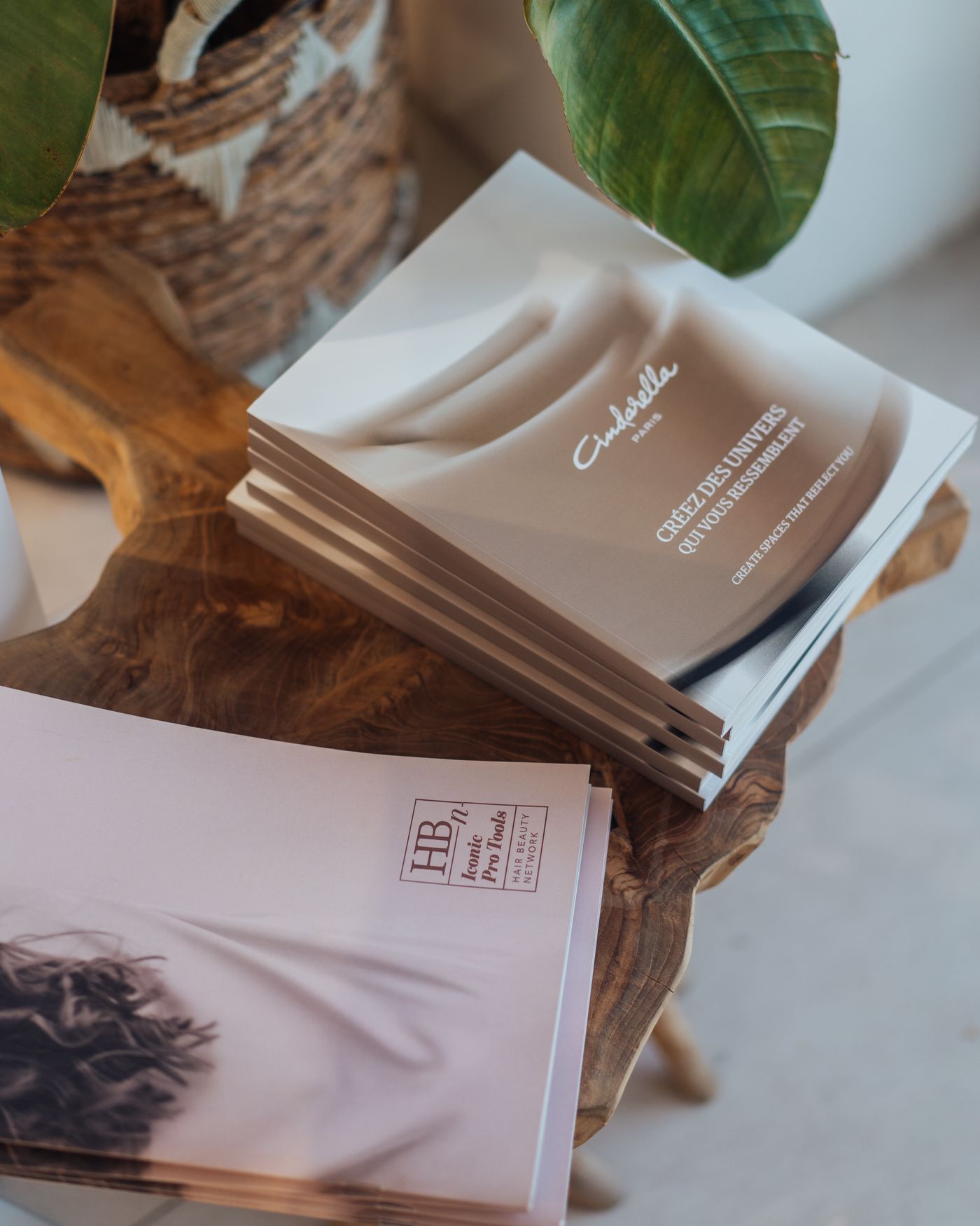 Cindarella Paris and Hair Beauty Network catalogues styled on a wooden table